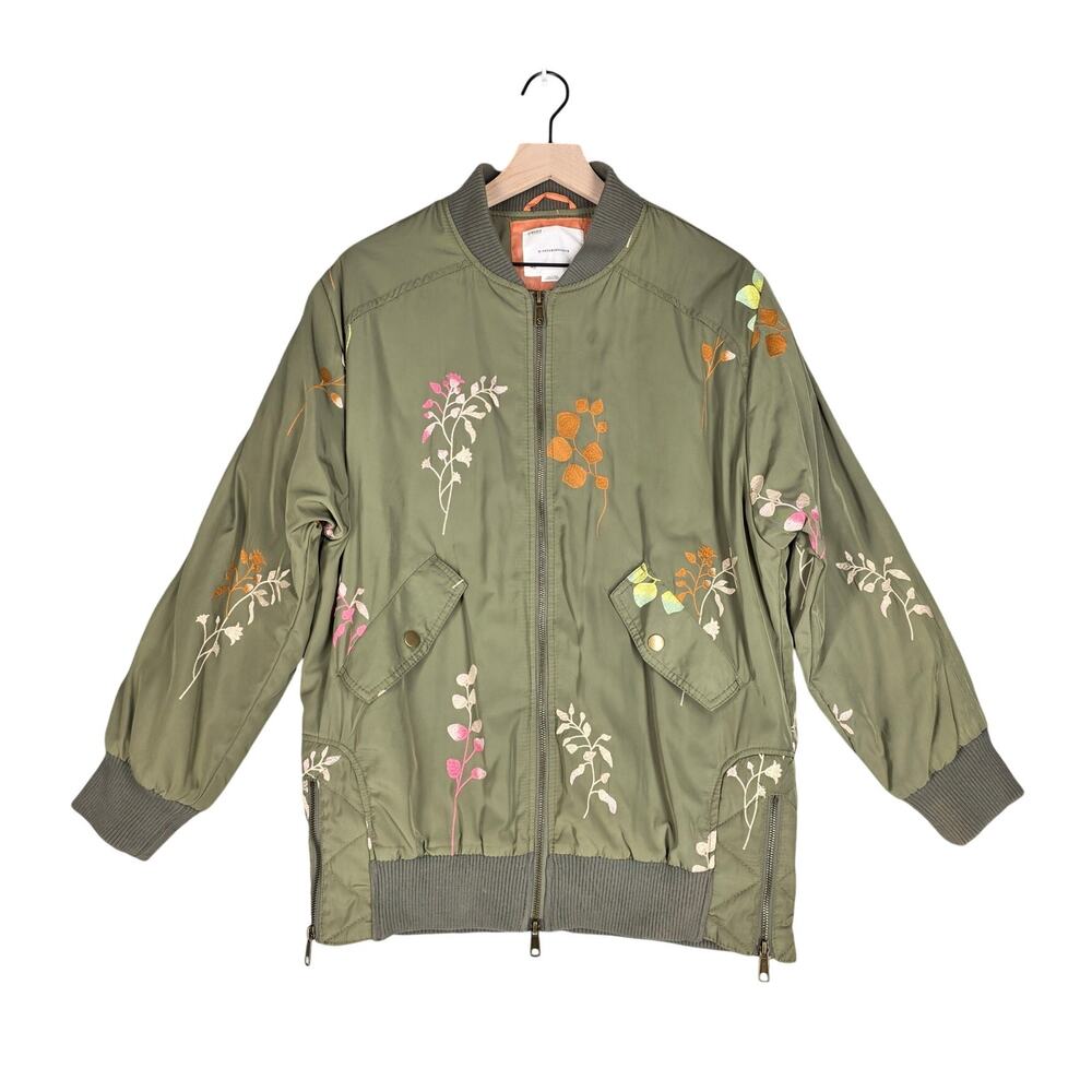 ANTHROPOLOGIE AINSLEY EMBROIDERED BOMBER JACKET GREEN FLORAL WOMEN’S MEDIUM